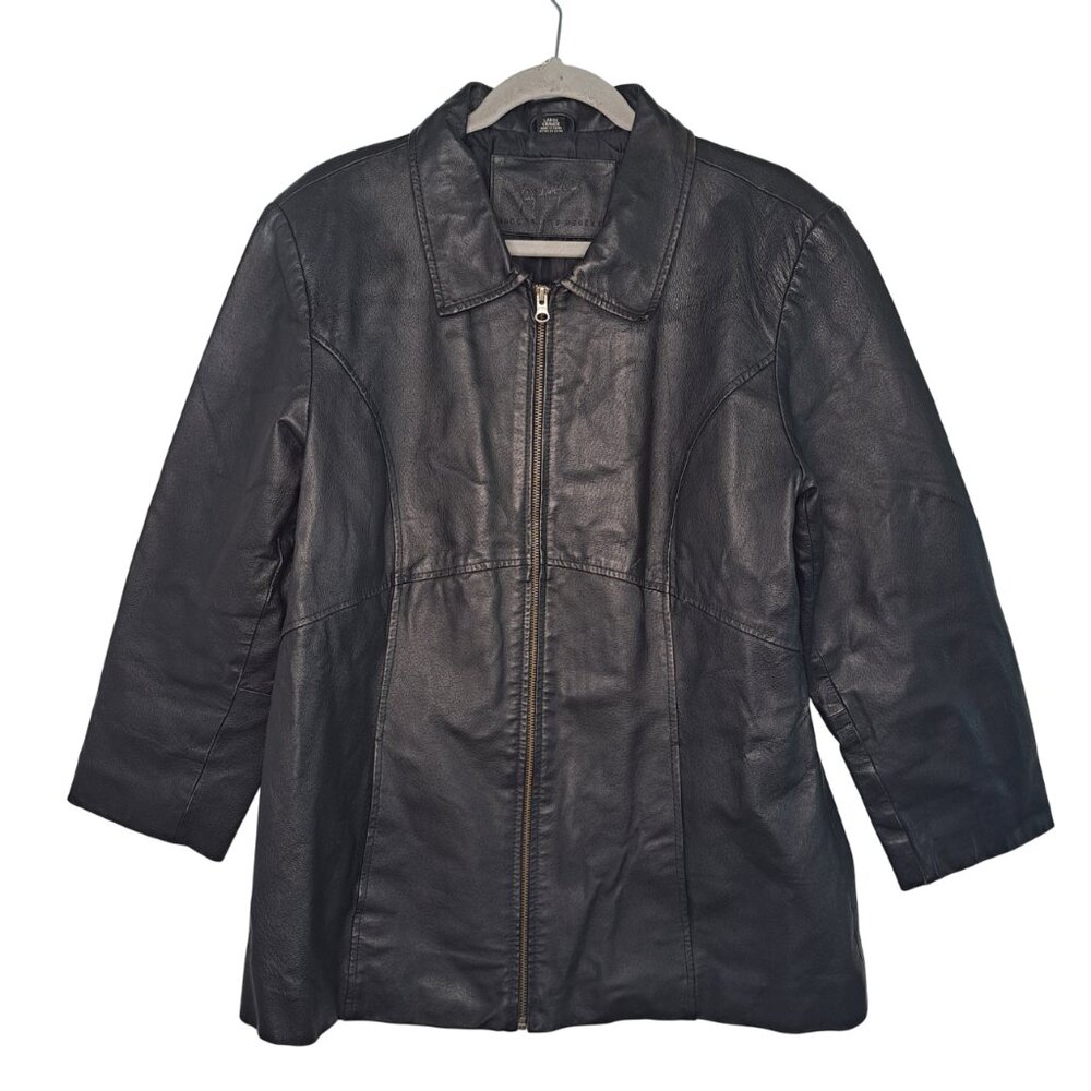 Jacqueline Ferrar Black 100% Leather Cropped Sleeve Jacket Full Zip Size Large